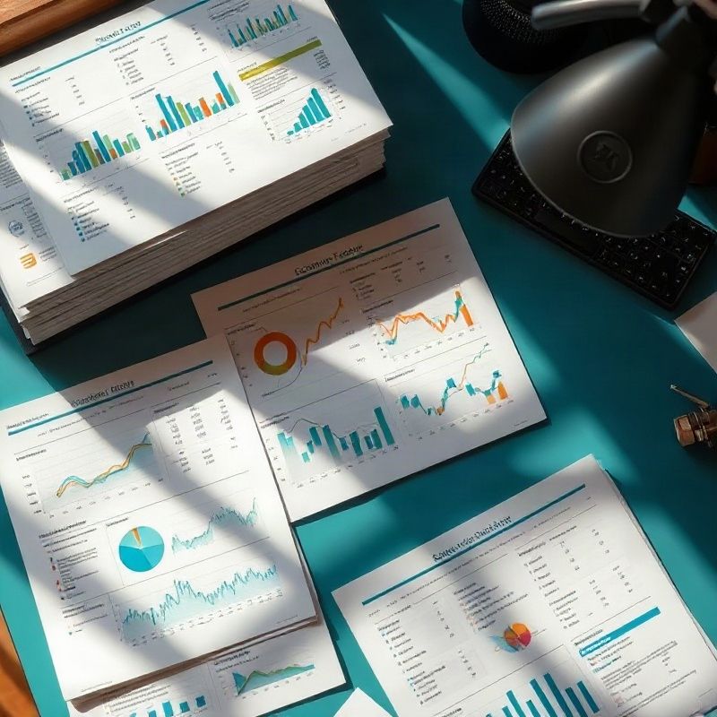 Informes económicos impresos y tablas de datos sobre un escritorio